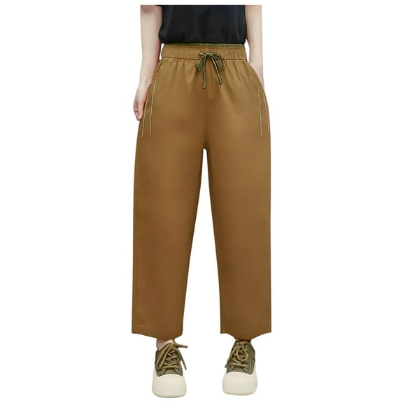 yillto Womens Straight Leg Pants Cotton Elastic Waist Drawstring Causal Loose Tapered Trousers Pant