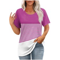 yillto Womens Striped Blouse Casual Color Block Loose Short Sleeve Round Neck Summer Shirts Outfits