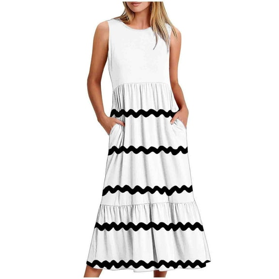 yillto Womens Striped Dress Sleeveless Crew Neck Long Pleated Summer Tshirts Dresses with Pockets