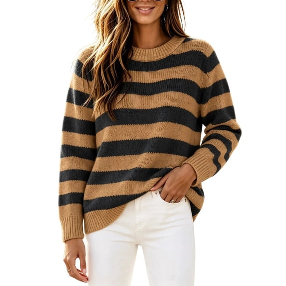 yillto Womens Striped Sweater Knit Long Sleeve Crewneck Loose Lightweight Fall Winter Fashion Sweaters