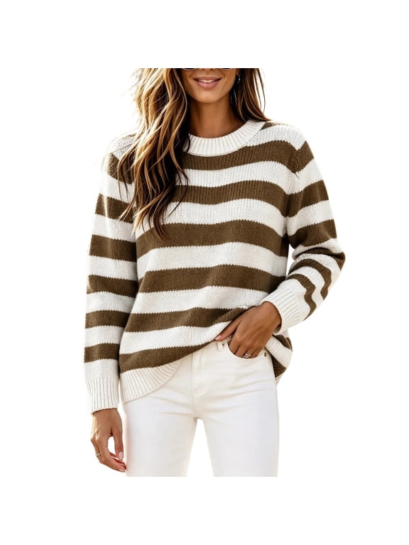 Womens Striped Sweater Knit Long Sleeve Crewneck Loose Lightweight Fall Winter Fashion Sweaters