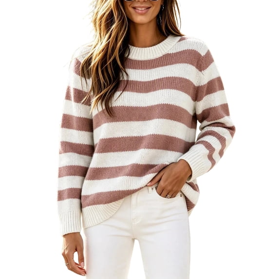 yillto Womens Striped Sweater Knit Long Sleeve Crewneck Loose Lightweight Fall Winter Fashion Sweaters