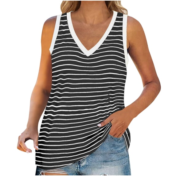 yillto Womens Striped Tank Basic Sleeveless Loose Tops V Neck Loose Casual Summer Tshirts Blouse for Women