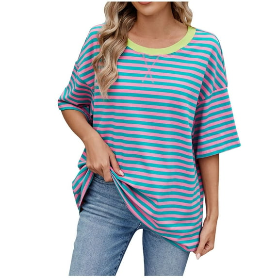 yillto Womens Striped Tee Shirts Round Neck Loose Shirt Color Block Trendy Pullover Tshirts Tops