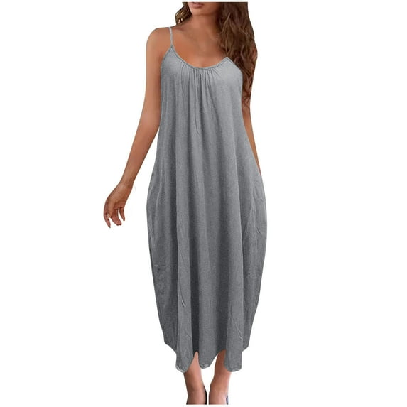 yillto Womens Summer Dress Sleeveless Crew Neck Spaghetti Strap Loose Summer Maxi Tank Cami Dresses