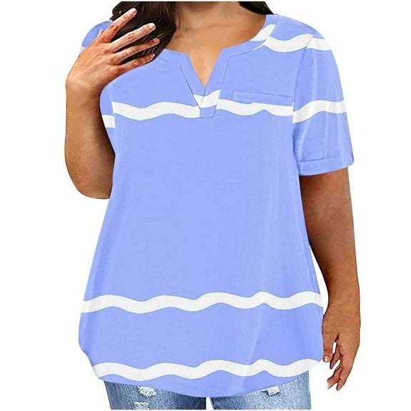 yillto Womens Summer Plus Size Top Short Sleeve V Neck Loose Striped Blouse Causal Tshirts with Pockets
