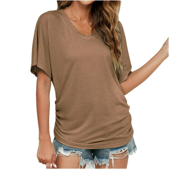 yillto Womens Summer Shirts Short Sleeve V Neck Basic Solid Color Loose Side Ruched Causal Tshirts