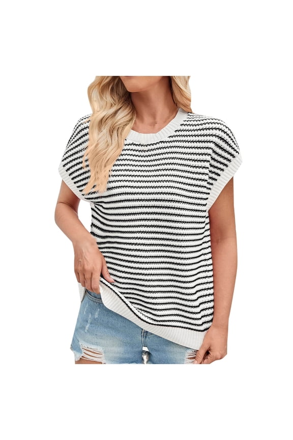Womens Summer Sweaters Tank Cap Sleeve Crewneck Loose Knit Lightweight Pullover Striped Tops