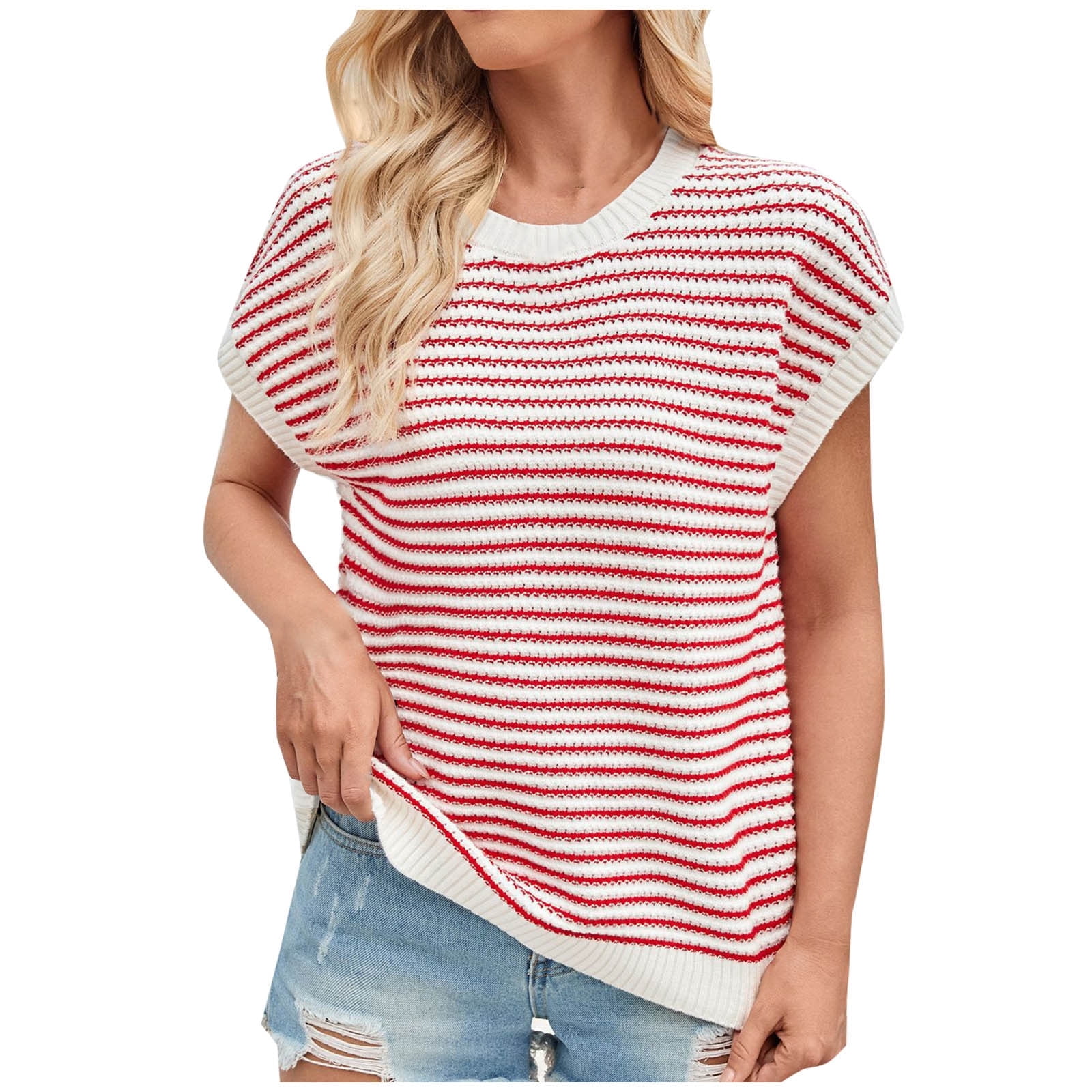 Womens Summer Sweaters Tank Cap Sleeve Crewneck Loose Knit Lightweight Pullover Striped Tops