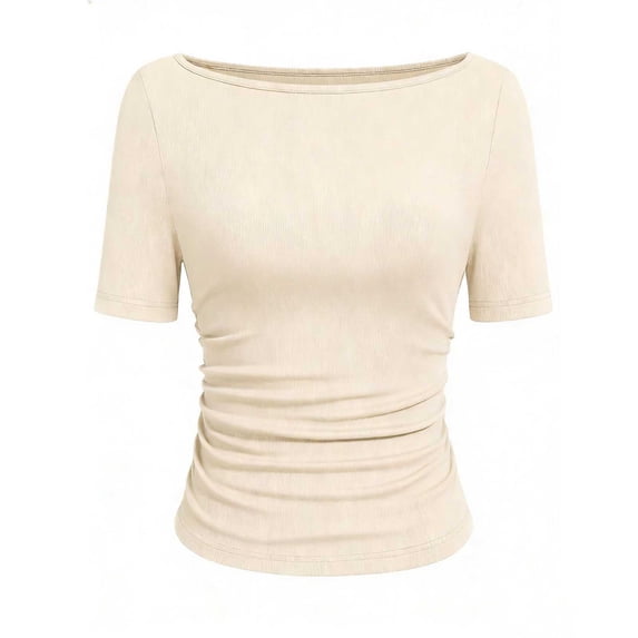 yillto Womens Summer Tops Ribbed Short Sleeve Ruched Slim Shirts Solid Color Casual Dressy Tunic Blouse