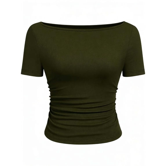 yillto Womens Summer Tops Ribbed Short Sleeve Ruched Slim Shirts Solid Color Casual Dressy Tunic Blouse