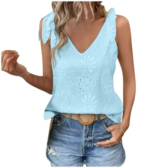 yillto Womens Summer Tops Ruffle Hem Sleeveless Tank V Neck Fashion Elegant Shirts Loose Blouse