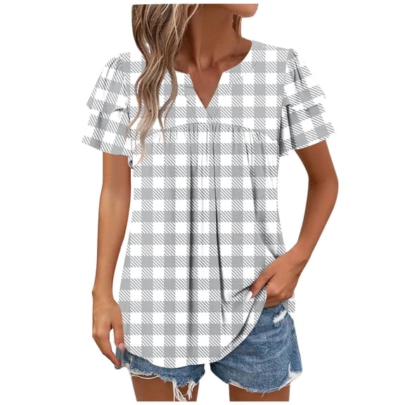 yillto Womens Summer Tunic Tops Cute Plaid Round Neck Short Sleeve Shirt Casual Tee Flowy Blouse S-XXL