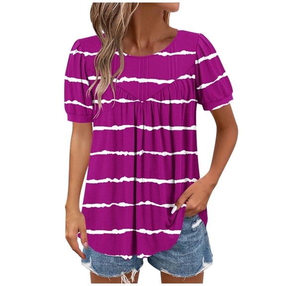yillto Womens Summer Tunic Tops Striped Round Neck Short Sleeve Shirt Casual Tee Flowy Blouse S-XXL