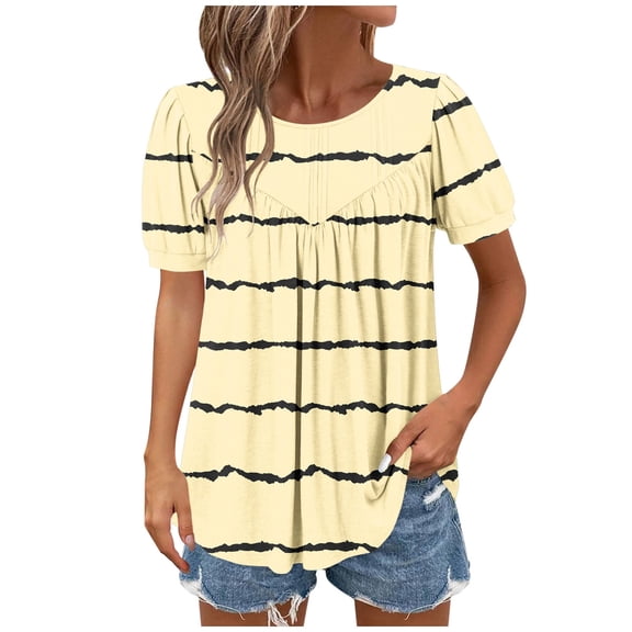 yillto Womens Summer Tunic Tops Striped Round Neck Short Sleeve Shirt Casual Tee Flowy Blouse S-XXL