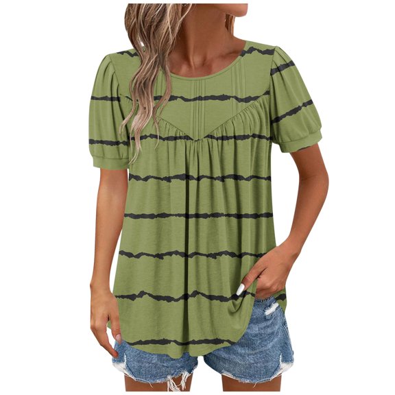 yillto Womens Summer Tunic Tops Striped Round Neck Short Sleeve Shirt Casual Tee Flowy Blouse S-XXL