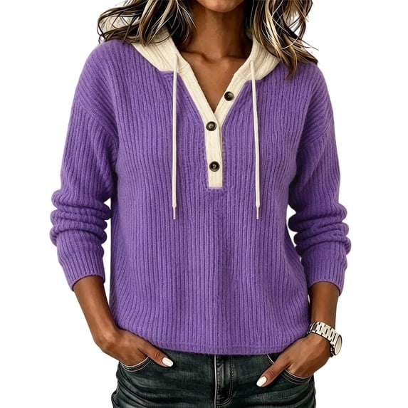 yillto Womens Sweater Hooded Knit Long Sleeve Sweatshirt Plus Size V Neck Loose Fashion Casual Tops