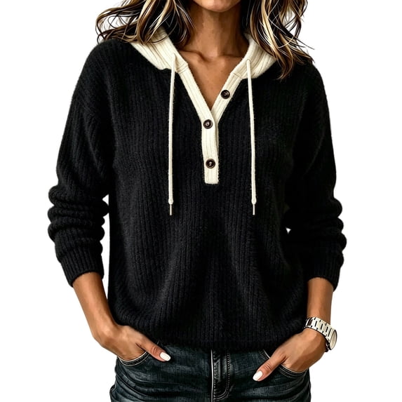 yillto Womens Sweater Hooded Knit Long Sleeve Sweatshirt Plus Size V Neck Loose Fashion Casual Tops