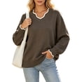 thumbnail image 1 of yillto Womens Sweater Knit V Neck Ruffled Long Sleeve Tops Soft Warm Pullover Sweaters for Fall Winter, 1 of 7