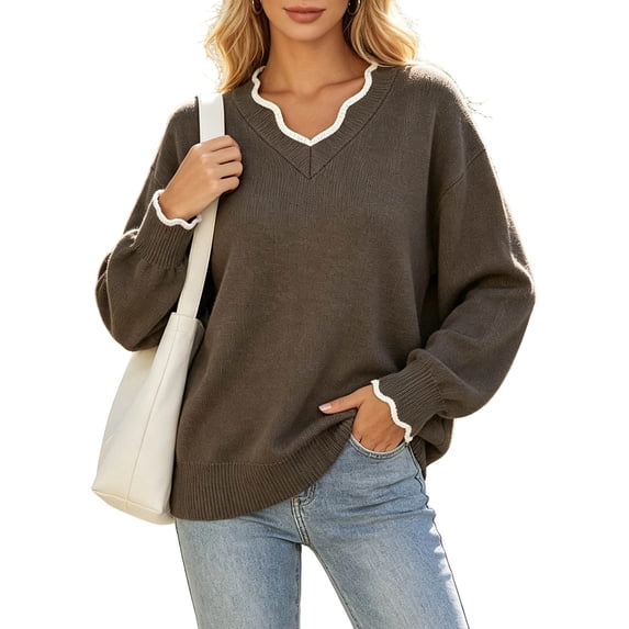 yillto Womens Sweater Knit V Neck Ruffled Long Sleeve Tops Soft Warm Pullover Sweaters for Fall Winter