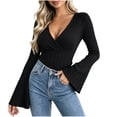thumbnail image 1 of yillto Womens Sweater Wrap V Neck Flare Long Sleeve Knitted Ribbed Blouses Fashion Slim Sweaters, 1 of 6