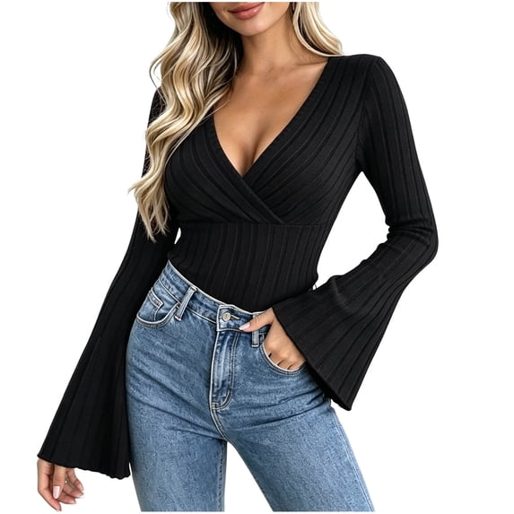 yillto Womens Sweater Wrap V Neck Flare Long Sleeve Knitted Ribbed Blouses Fashion Slim Sweaters