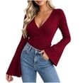 thumbnail image 1 of yillto Womens Sweater Wrap V Neck Flare Long Sleeve Knitted Ribbed Blouses Fashion Slim Sweaters, 1 of 6