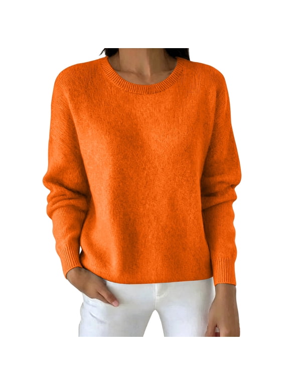 Womens Sweaters Fall Winter Knit Soft Warm Long Sleeve Round Neck Solid Color Basic Casual Sweater Tops