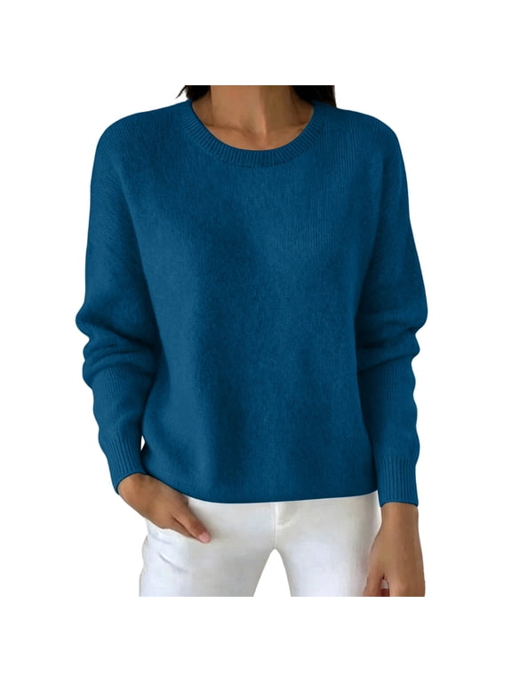 Womens Sweaters Fall Winter Knit Soft Warm Long Sleeve Round Neck Solid Color Basic Casual Sweater Tops