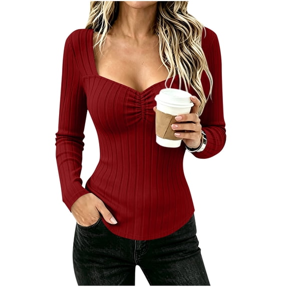 yillto Womens Sweaters Scoop Neck Lightweight Ribbed Knit Long Sleeve Slim Stretchy Sweater Tops