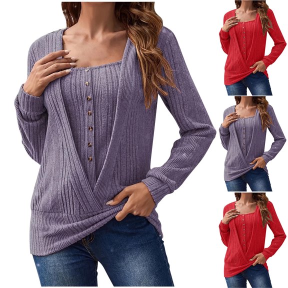 yillto Womens Sweaters Square Neck Button Ribbed Knit Tunic Blouse Fall Fashion Pullover Tops Clothes
