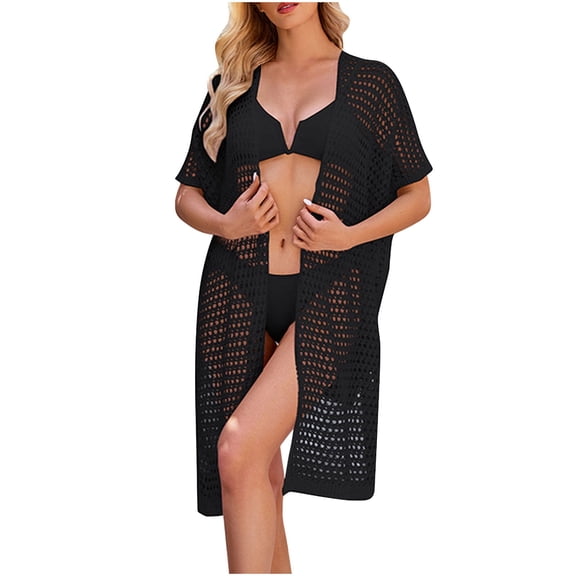 yillto Womens Swimsuit Cardigan Short Sleeve Crochet Hollow out Coverup Summer Beach Knit Swim Cover Up