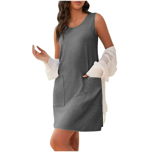 yillto Womens T Shirt Dress Summer Casual Sleeveless Crewneck Loose Tank Mini Dresses with Pockets