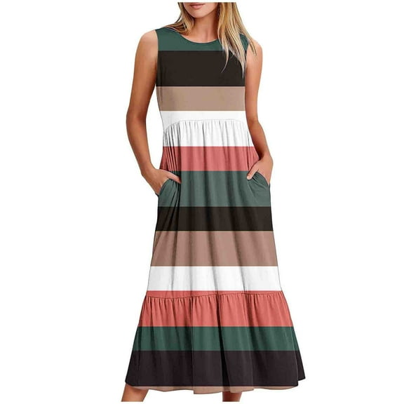 yillto Womens Tanks Dress Sleeveless Crew Neck Long Pleated Summer Tshirts Dresses with Pockets