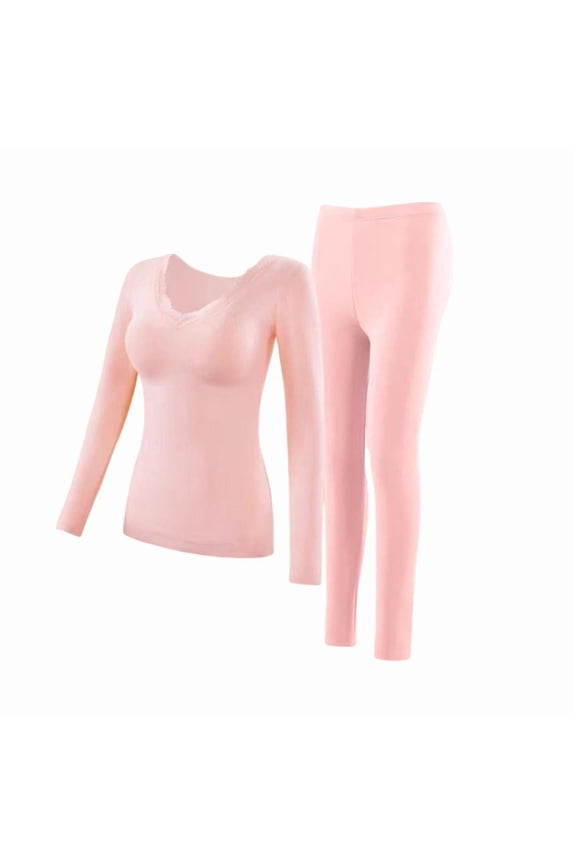 Womens Thermal Underwear Set V Neck Long Sleeve Base Layer Tops and Fleece Warm Leggings Bottoms