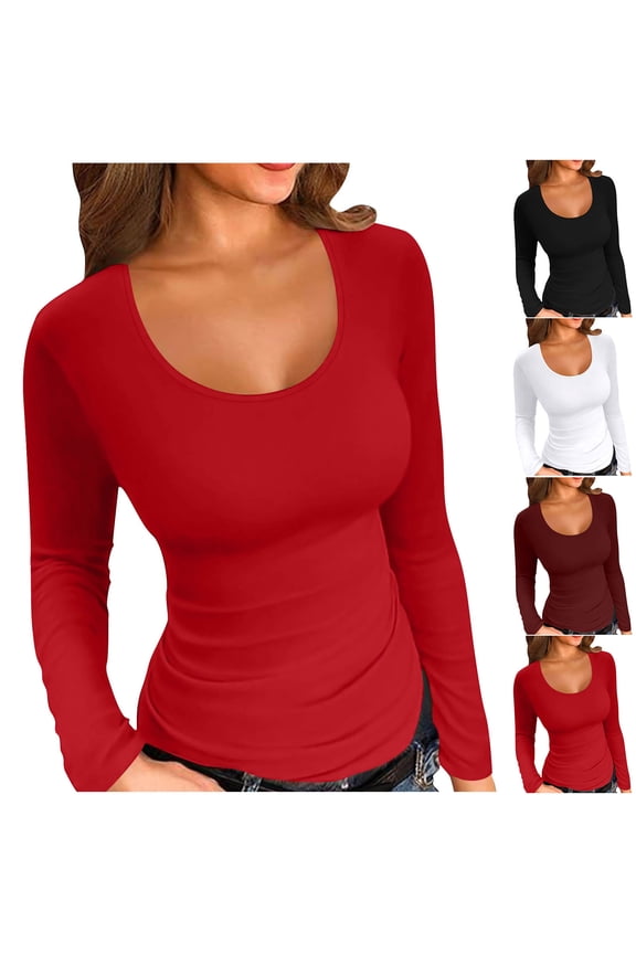 Womens Tight Shirts Scoop Neck Long Sleeve Slim Tops Basic Solid Color Layered Undershirts Tee