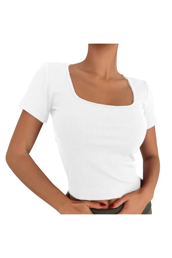 Womens Square Neck Crop Tops Summer Short Sleeve Tshirts Cute Slim Clothes Basic Tight Tee