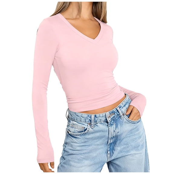 yillto Womens Tight Tee Basic Long Sleeve V Neck Slim Shirts Solid Color Casual Comfort Undershirts