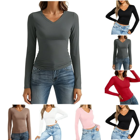 yillto Womens Tight Tee Basic Long Sleeve V Neck Slim Shirts Solid Color Casual Comfort Undershirts