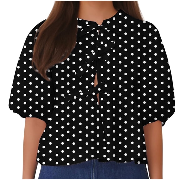 yillto Womens Top 3/4 Puff Sleeve Tie Bow Casual Going out Fashion Polka Dot Blouse Summer Trendy Tops