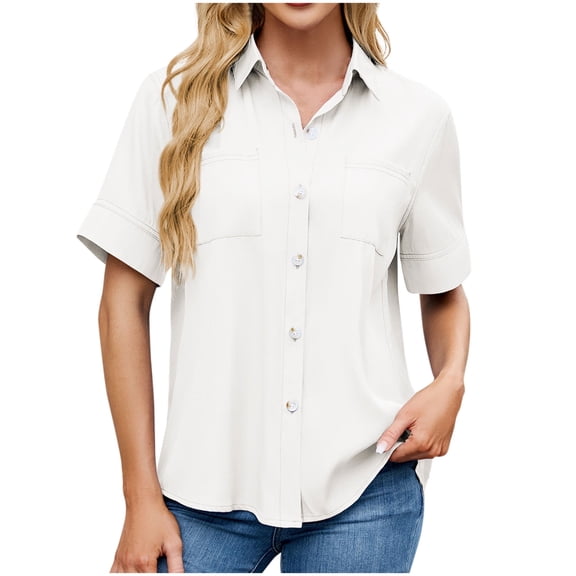 yillto Womens Top Shirts Button down Short Sleeve V Neck Collared Summer Causal Blouse with Pockets