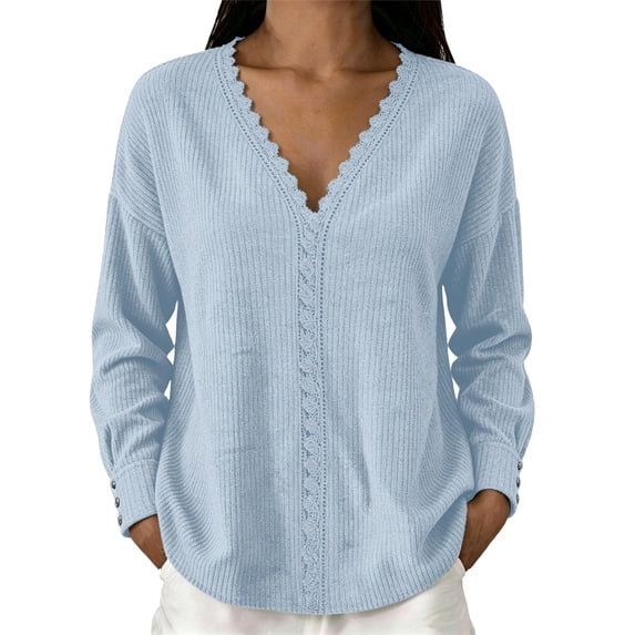 yillto Womens Tops Lace V Neck Ribbed Long Sleeve Dressy Fashion Elegant Loose Blouses Sweater