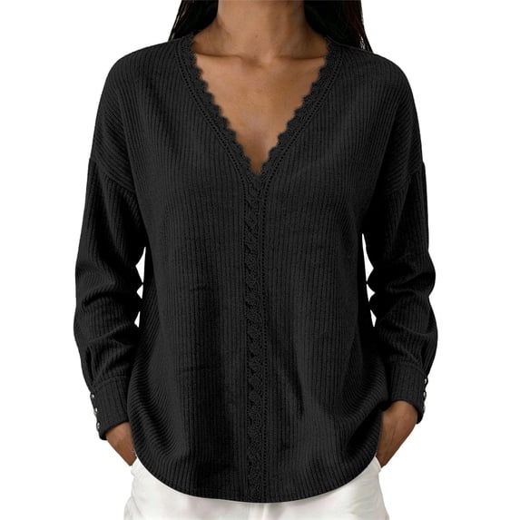 yillto Womens Tops Lace V Neck Ribbed Long Sleeve Dressy Fashion Elegant Loose Blouses Sweater