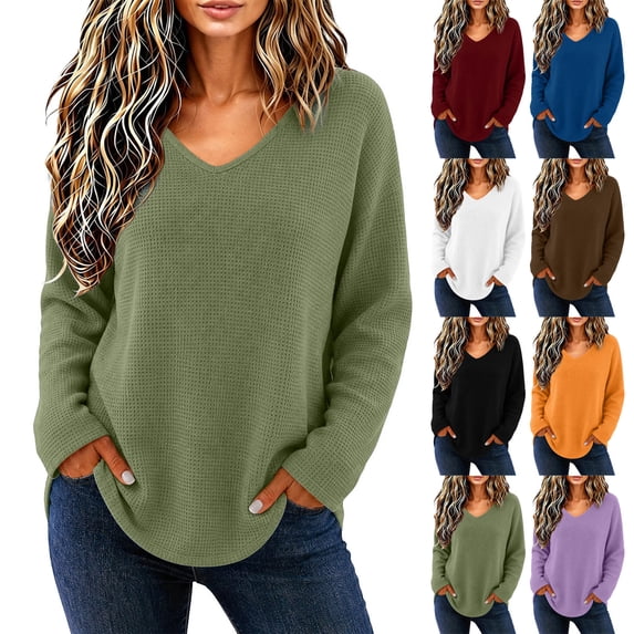 yillto Womens V Neck Long Sleeve Tops Casual Loose Textured Tshirts Pullover Solid Color Shirts S-XXXL