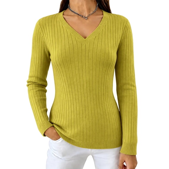 yillto Womens V Neck Ribbed Knit Sweater Soft Stretchy Long Sleeve Fall Pullover Blouses Tops Sweaters