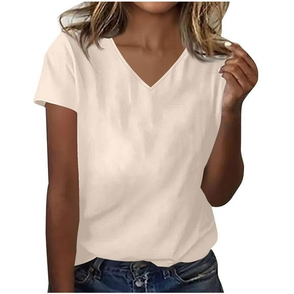 yillto Womens V Neck Shirts Basic Short Sleeve Causal Tshirts Summer Loose Plain Tees for Women