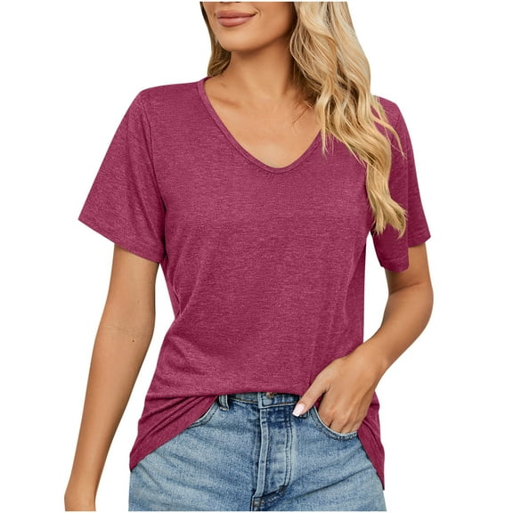 yillto Womens V Neck Shirts Basic Short Sleeve Loose Solid Color Summer Soft Comfy Casual Tshirts