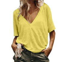 yillto Womens V Neck Shirts Cotton Summer Short Sleeve Solid Color Basic Loose Tee Tshirts Clothes