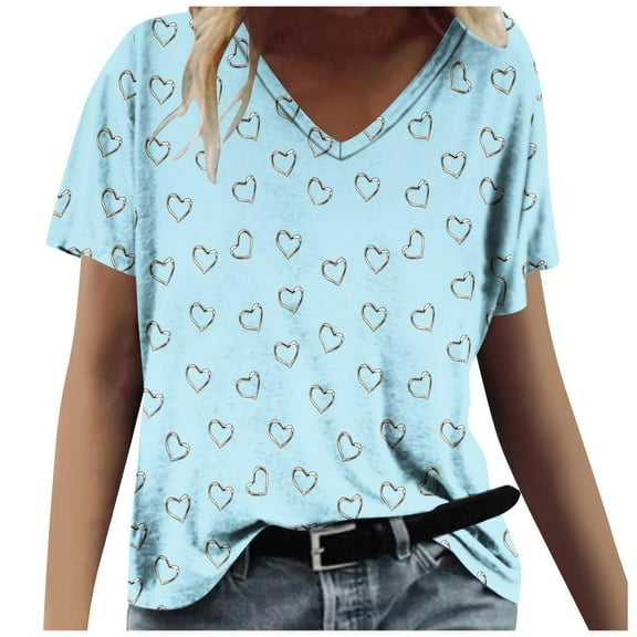 yillto Womens V Neck Shirts Heart Printed Short Sleeve Loose Tshirts Ladies Summer Causal Tee Tops