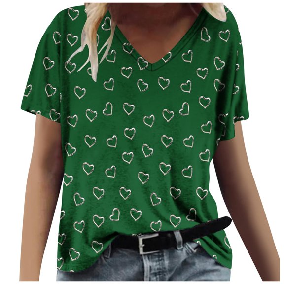 yillto Womens V Neck Shirts Heart Printed Short Sleeve Loose Tshirts Ladies Summer Causal Tee Tops
